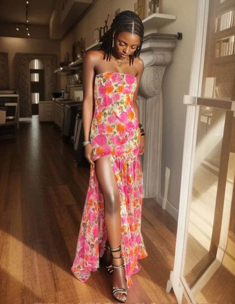 robe fleurie bustier longue pour mariage invité chic, élégante silhouette princesse sans manches