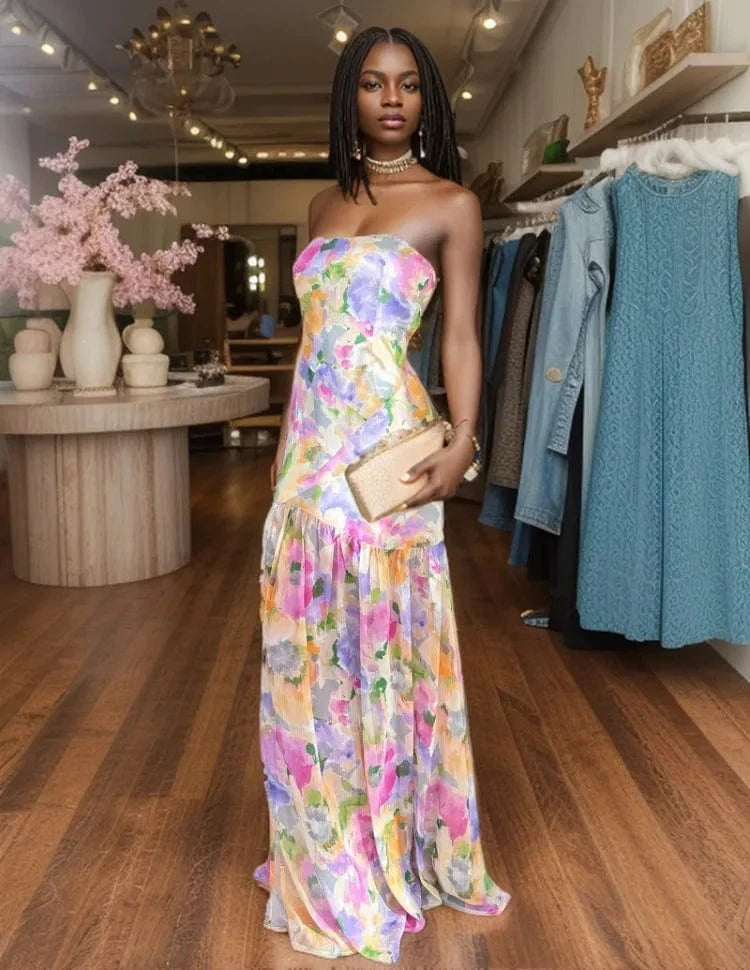 robe bustier fleurie longue style bohème pour mariage été, coupe princesse sans manches élégante