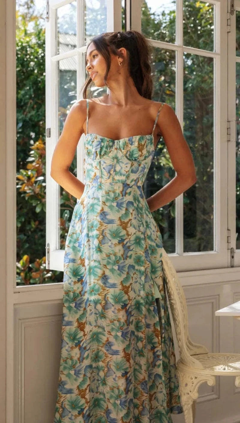 robe d’été fleurie dos nu fendue fluide longue style bohème invitée mariage champêtre
