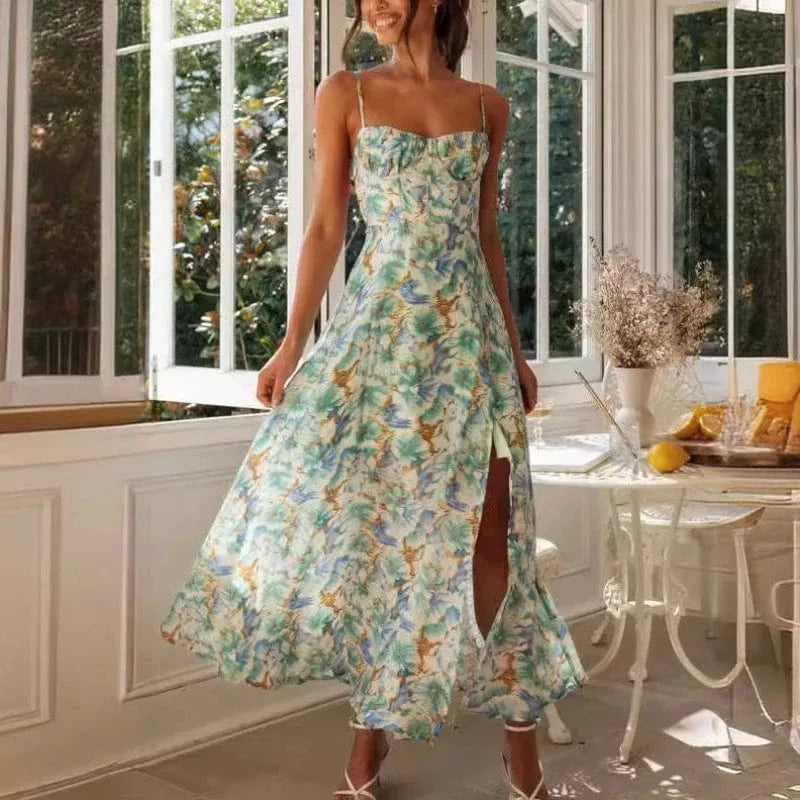 robe fleurie été dos nu fluide fendue longue évasée sans manches pour mariage invité bohème