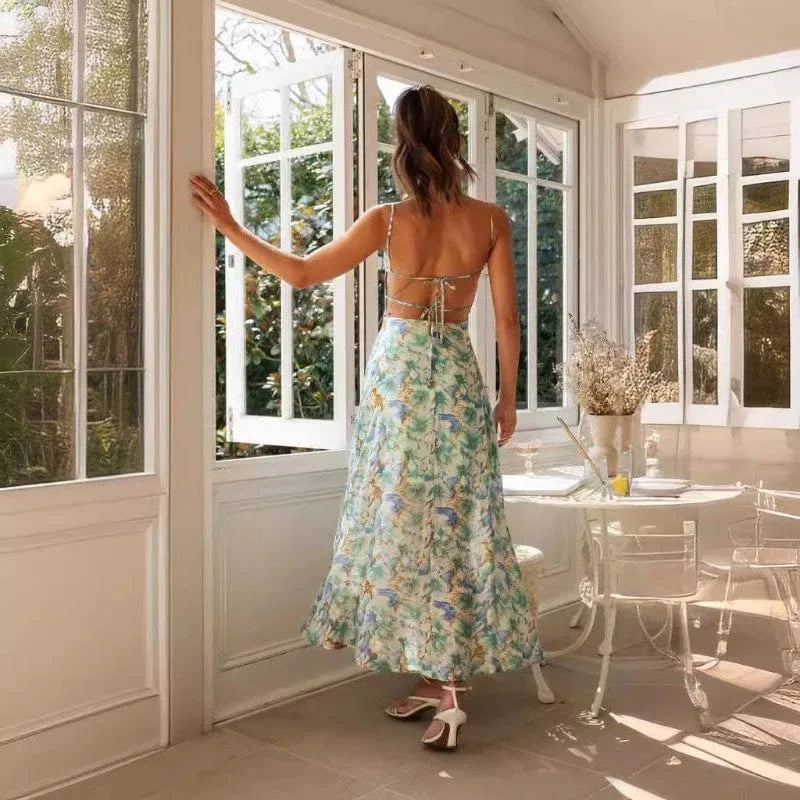 robe fleurie dos nu fendue fluide longue été bohème pour mariage invité chic manches courtes