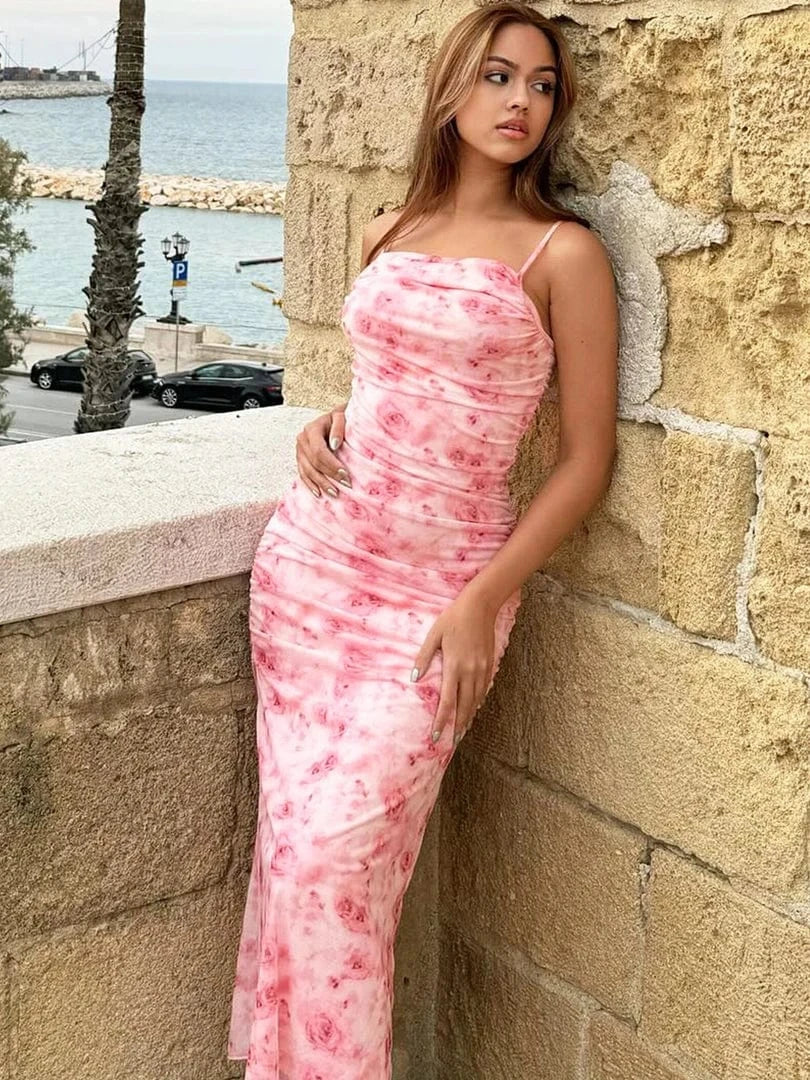 Robe fleurie drapée longue rose