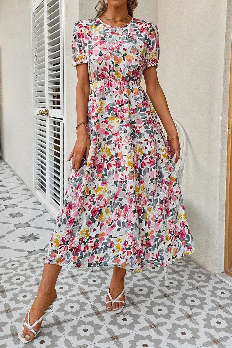 Robe fleurie été midi manches courtes