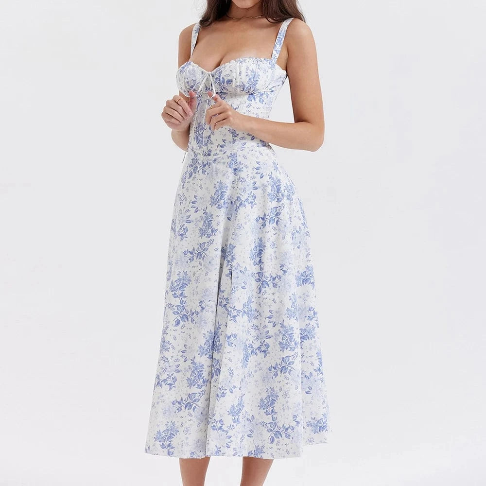 Robe fleurie fendue midi à bretelles