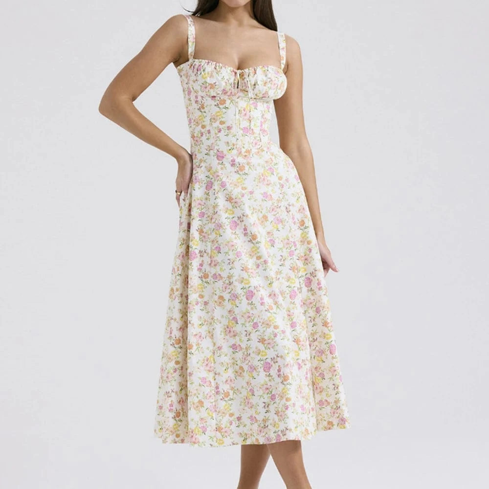 Robe fleurie fendue midi à bretelles
