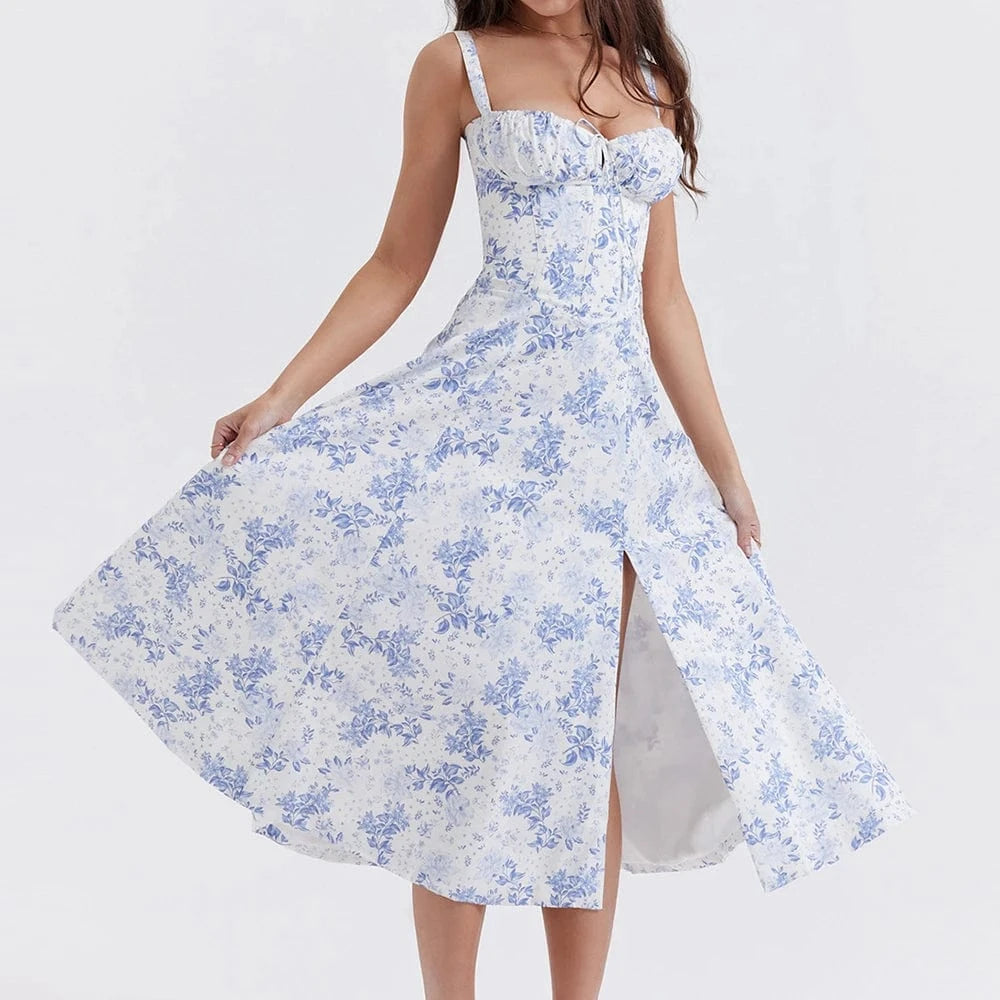 Robe fleurie fendue midi à bretelles