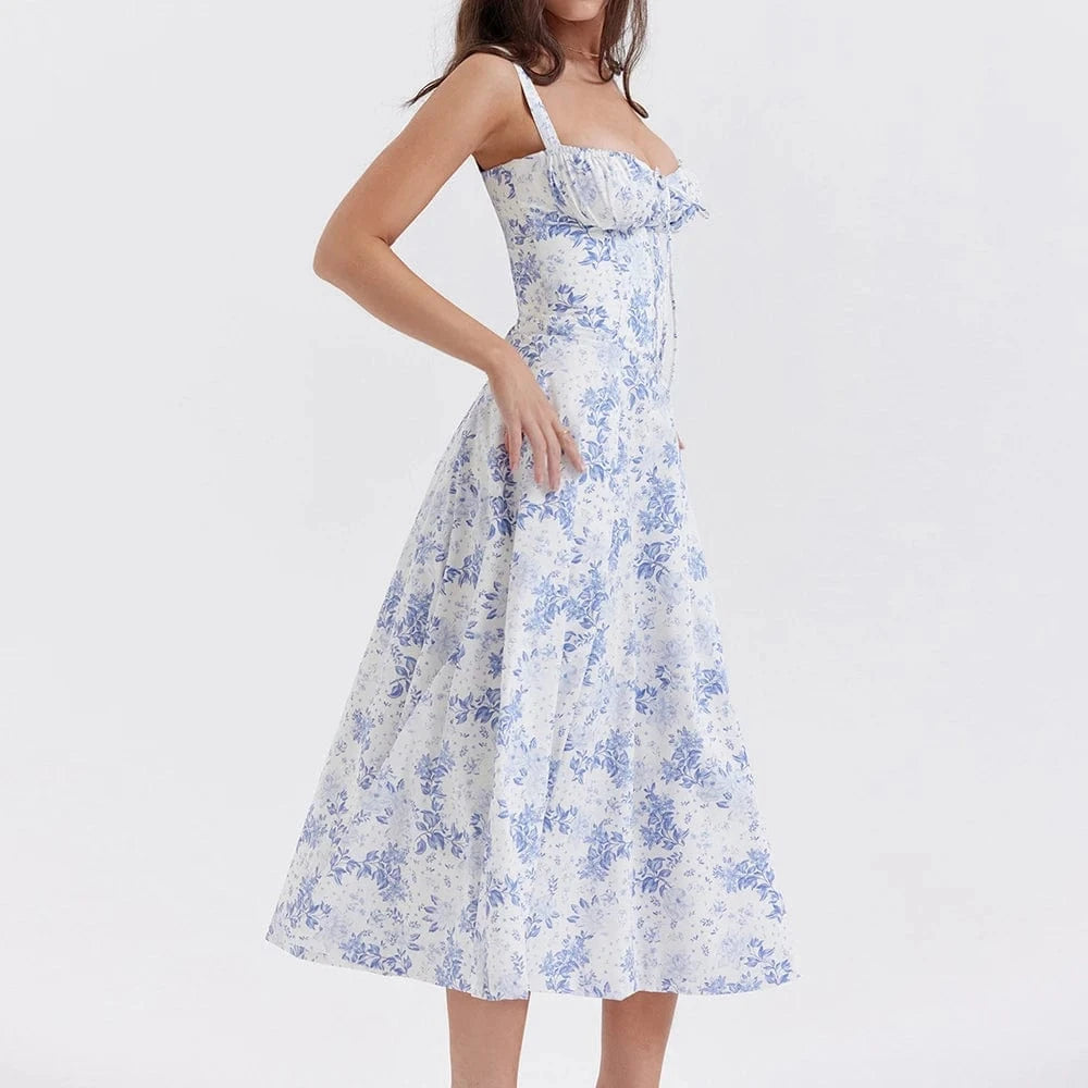 Robe fleurie fendue midi à bretelles