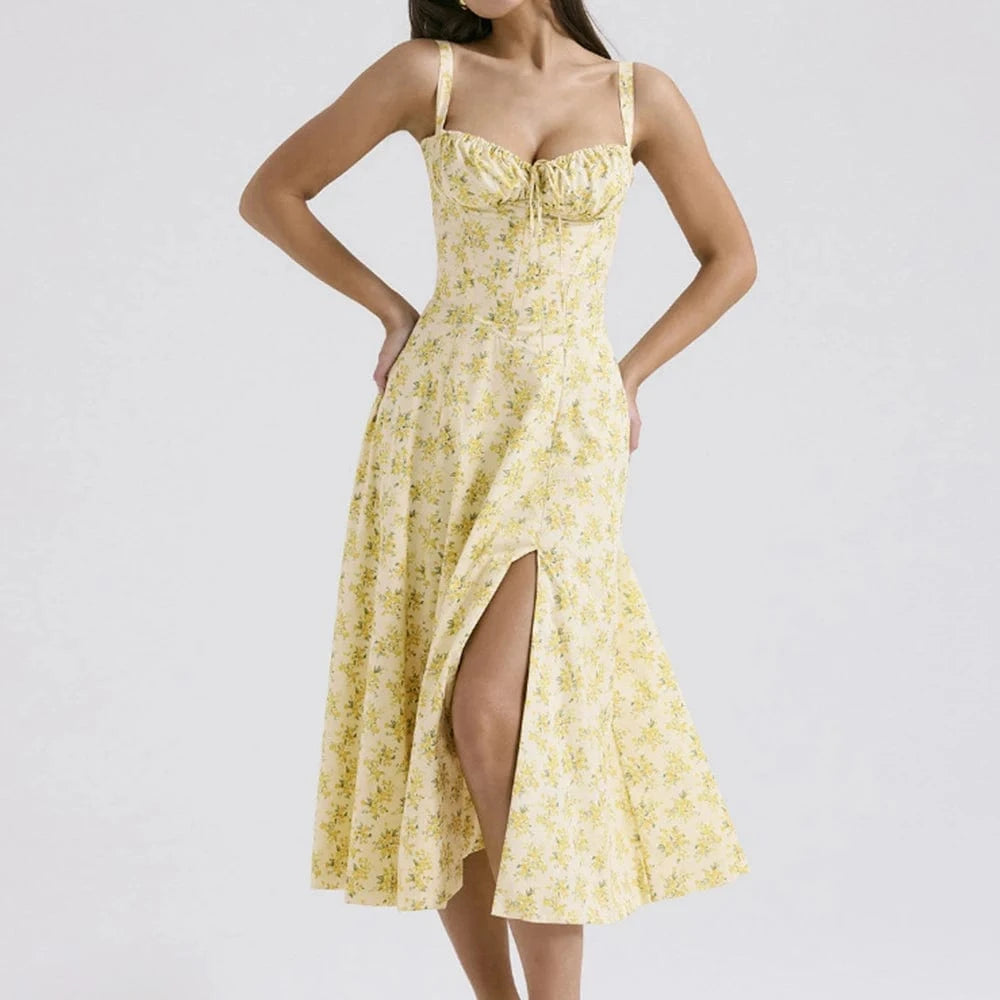 Robe fleurie fendue midi à bretelles