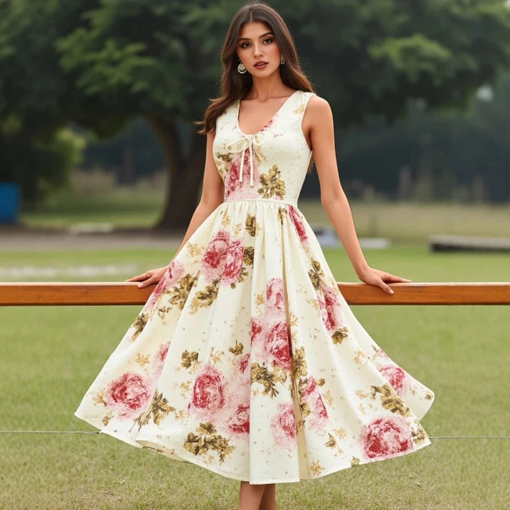 robe fleurie fluide sans manches idéale pour l'été ou un mariage champêtre, silhouette trapèze élégante