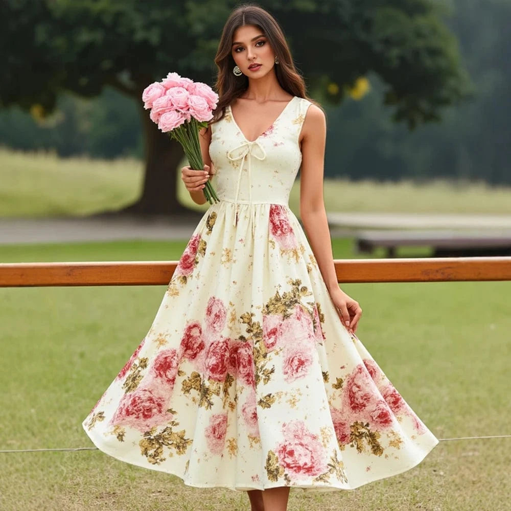 robe fleurie fluide sans manches d'été idéale pour un look champêtre chic et féminin en vacances