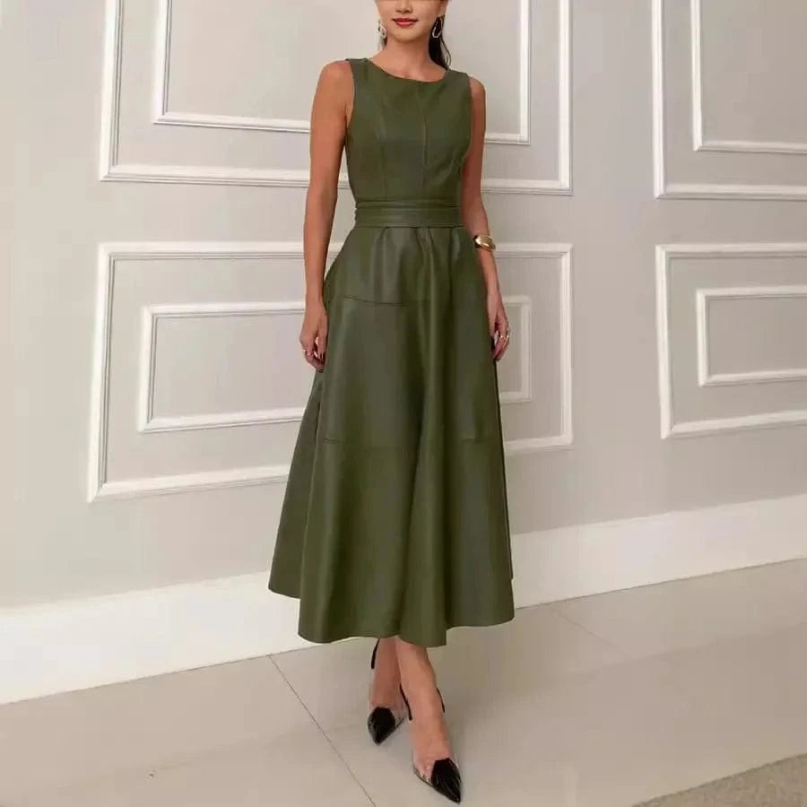 Robe habillée verte midi élégante sans manches