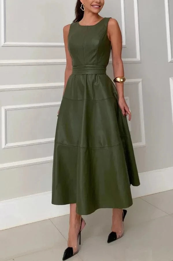 Robe habillée verte midi élégante sans manches