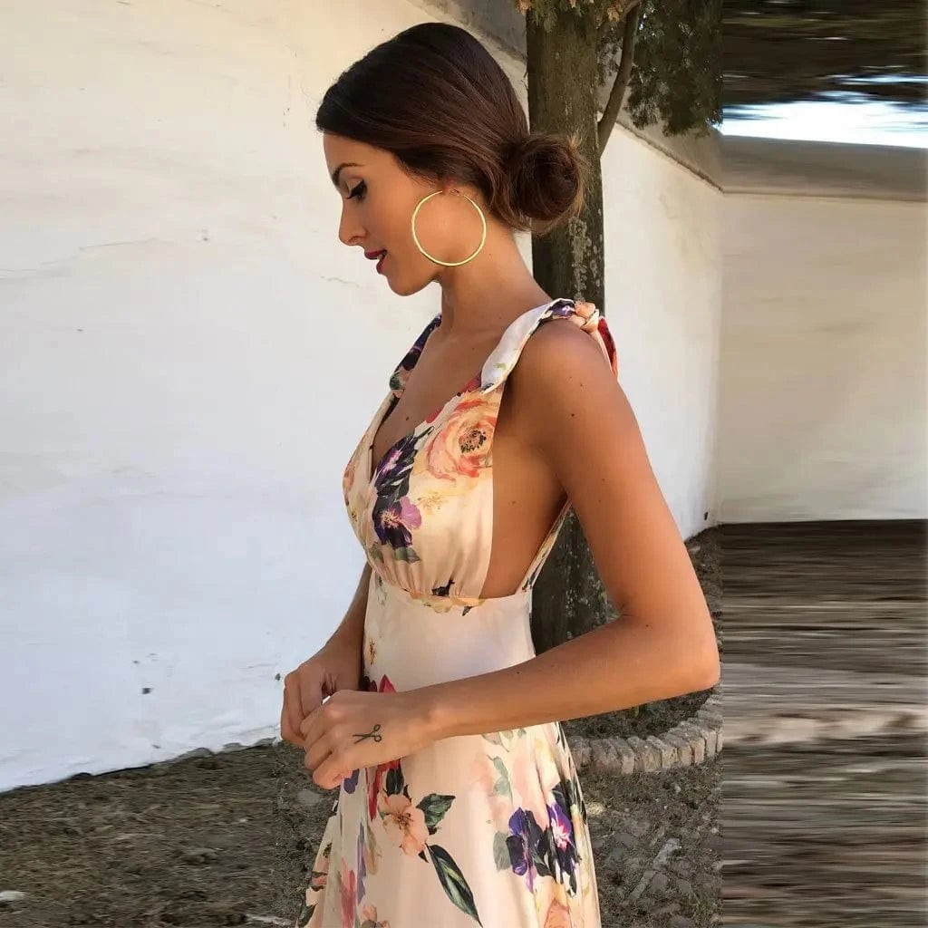 Robe invitée au mariage fleurie longue dos nu