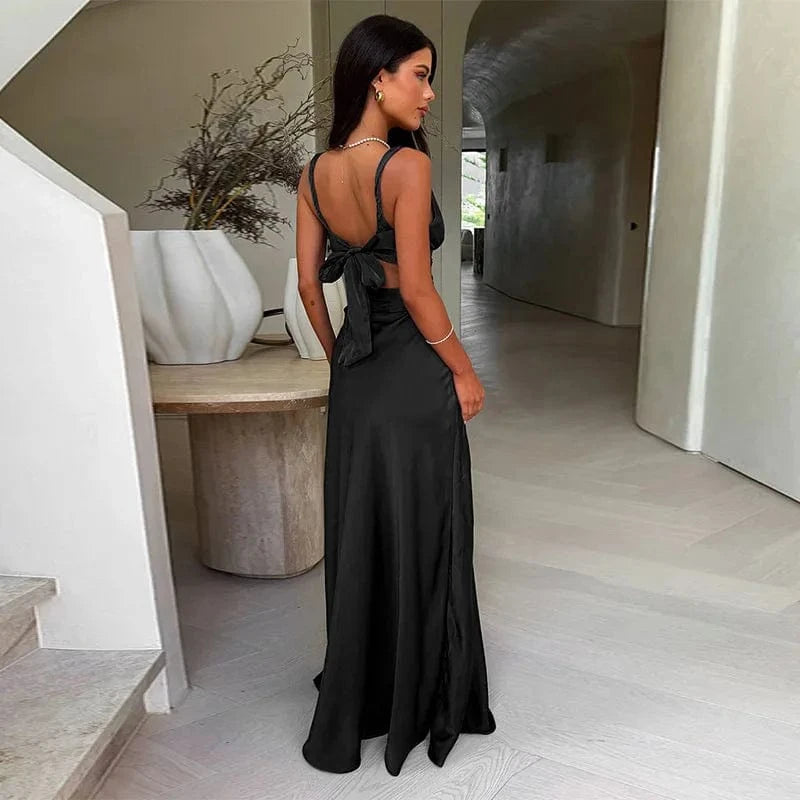 Robe invitée au mariage longue satinée col en V