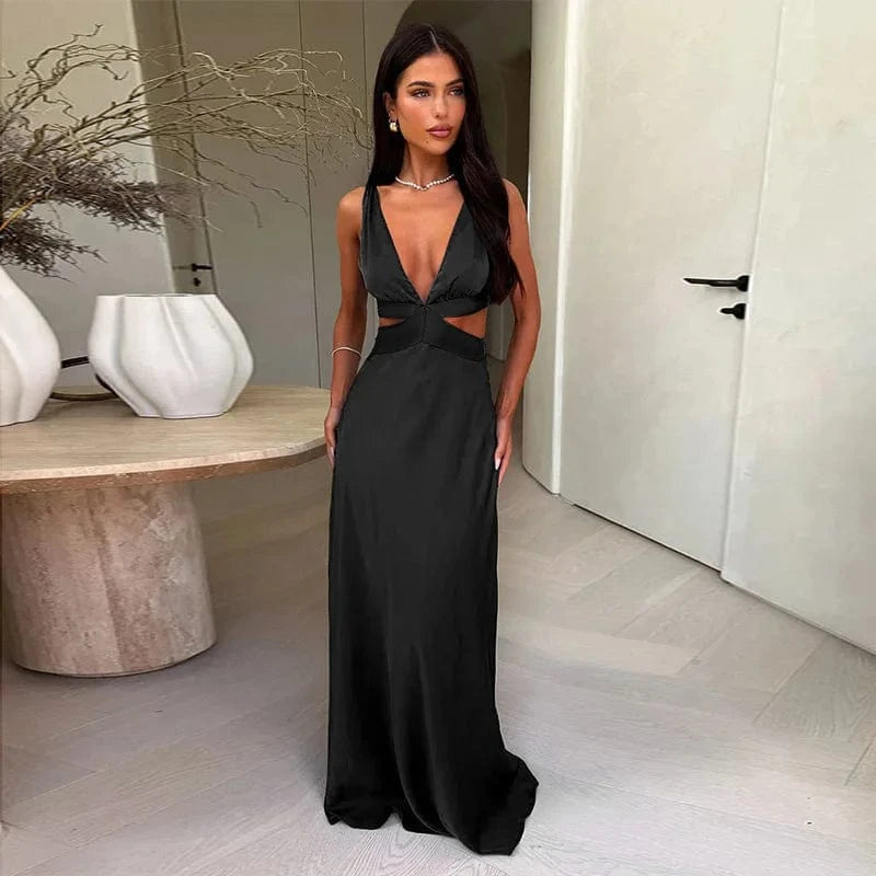 Robe invitée au mariage longue satinée col en V