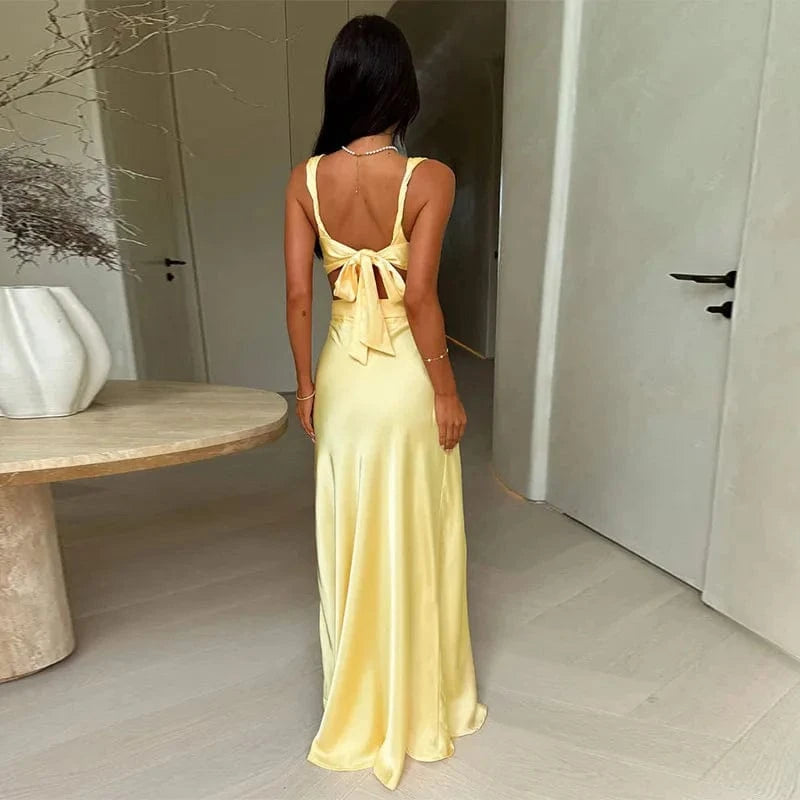 Robe invitée au mariage longue satinée col en V