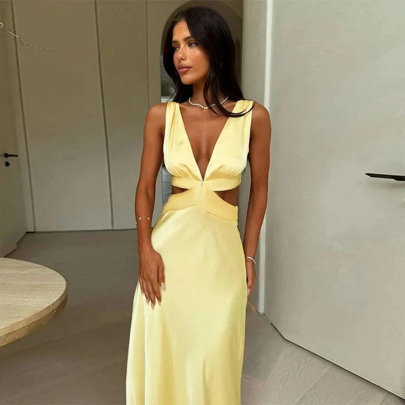 Robe invitée au mariage longue satinée col en V