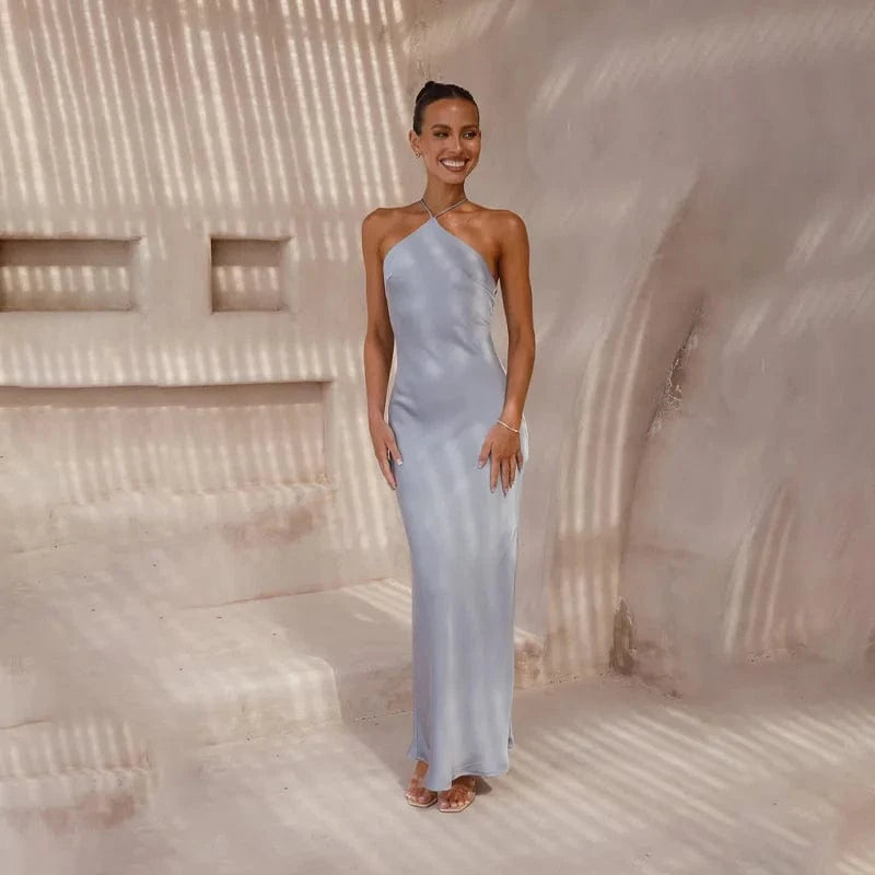 robe invitée mariage chic longue bleu pastel style bohème fluide manches courtes trapèze élégante