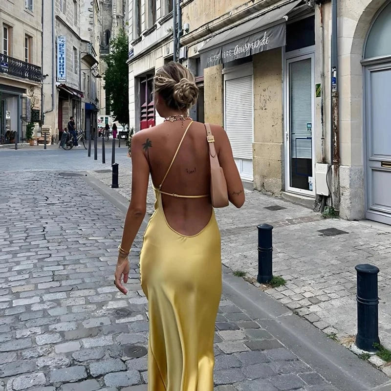 robe invitée mariage jaune dos nu longue trapèze chic manches courtes été élégante et féminine