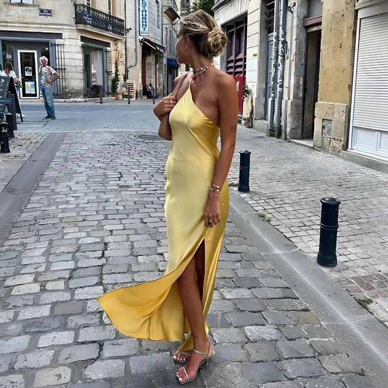 robe invitée mariage jaune dos nu longue été chic moulante sans manches élégante et féminine