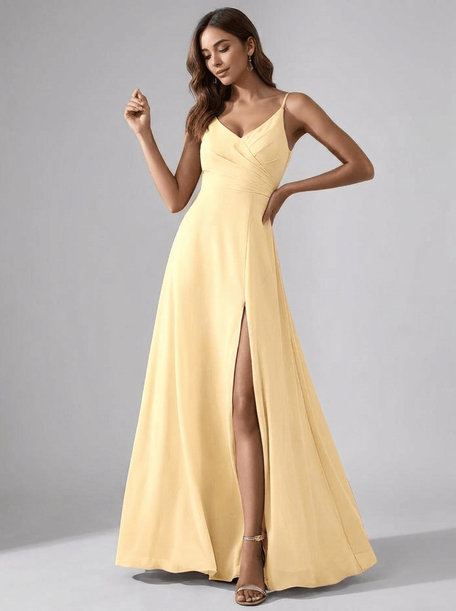 Robe jaune longue fendue pour invitée au mariage