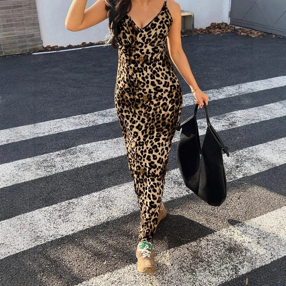 robe été longue imprimé léopard fluide femme sans manches style sexy décolleté fendu