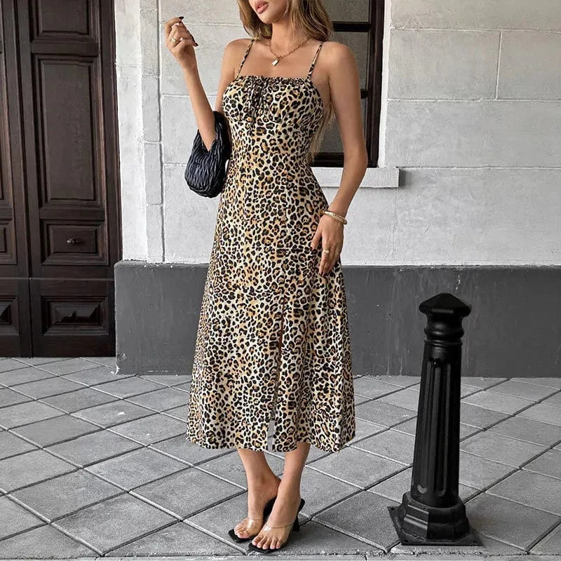 robe léopard midi fendue pour soirée sexy sans manches à fines bretelles moulante élégante femme