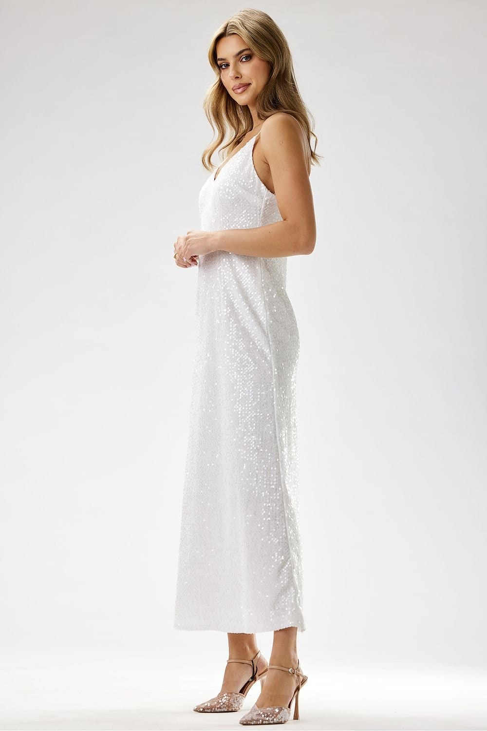 robe de soirée chic longue à paillettes pour mariage ou gala, sans manches et coupe moulante