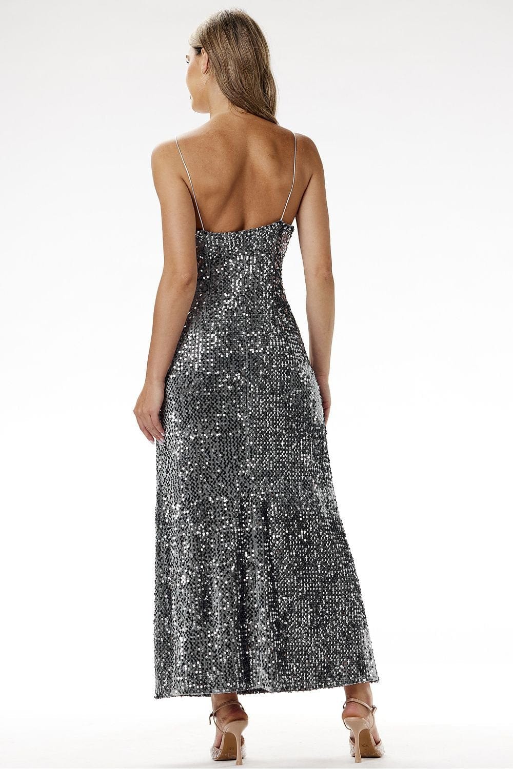 robe de soirée longue chic à paillettes pour mariage invité dos nu élégante et bretelles fines