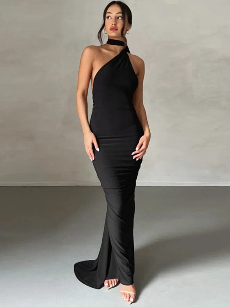 Robe longue noire dos nu chic pour soirées ou événements, silhouette moulante, sans manches, idéale pour gala ou cocktail.