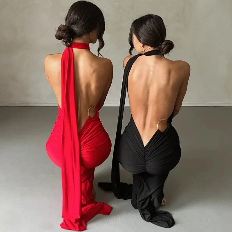 Robe longue rouge et noire dos nu chic, idéale pour soirée ou gala, avec silhouette moulante et design élégant pour femmes.