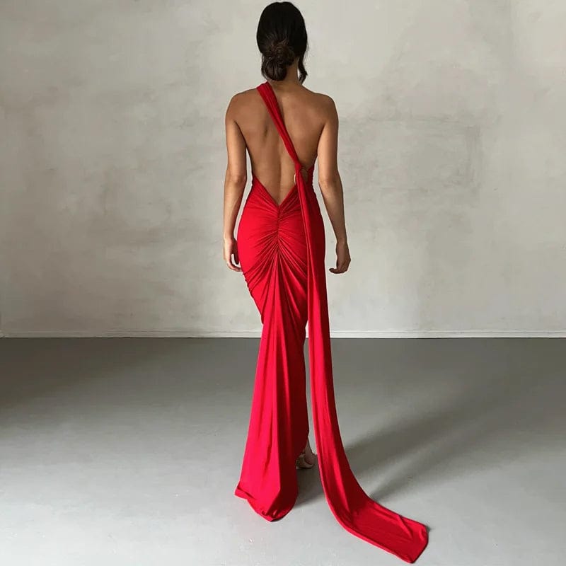 Robe longue dos nu rouge chic soirée manche longue moulante idéale pour cocktail et gala.