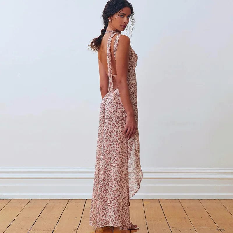 Robe longue fleurie dos nu bohème chic couleur rose pour soirées et mariages, tendance et élégante pour femme.