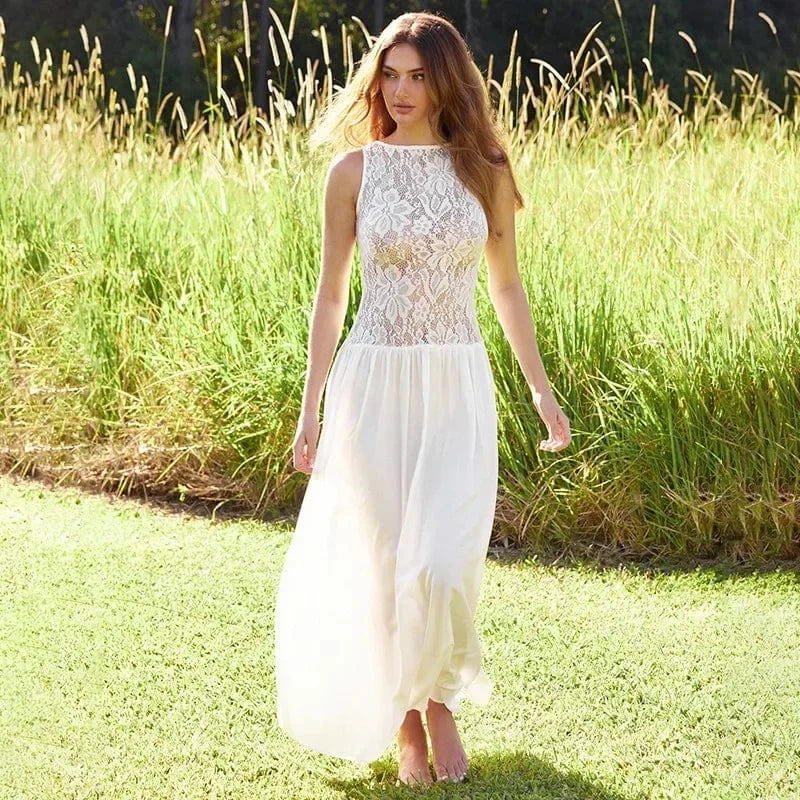 Robe longue fluide sans manches haut en dentelle