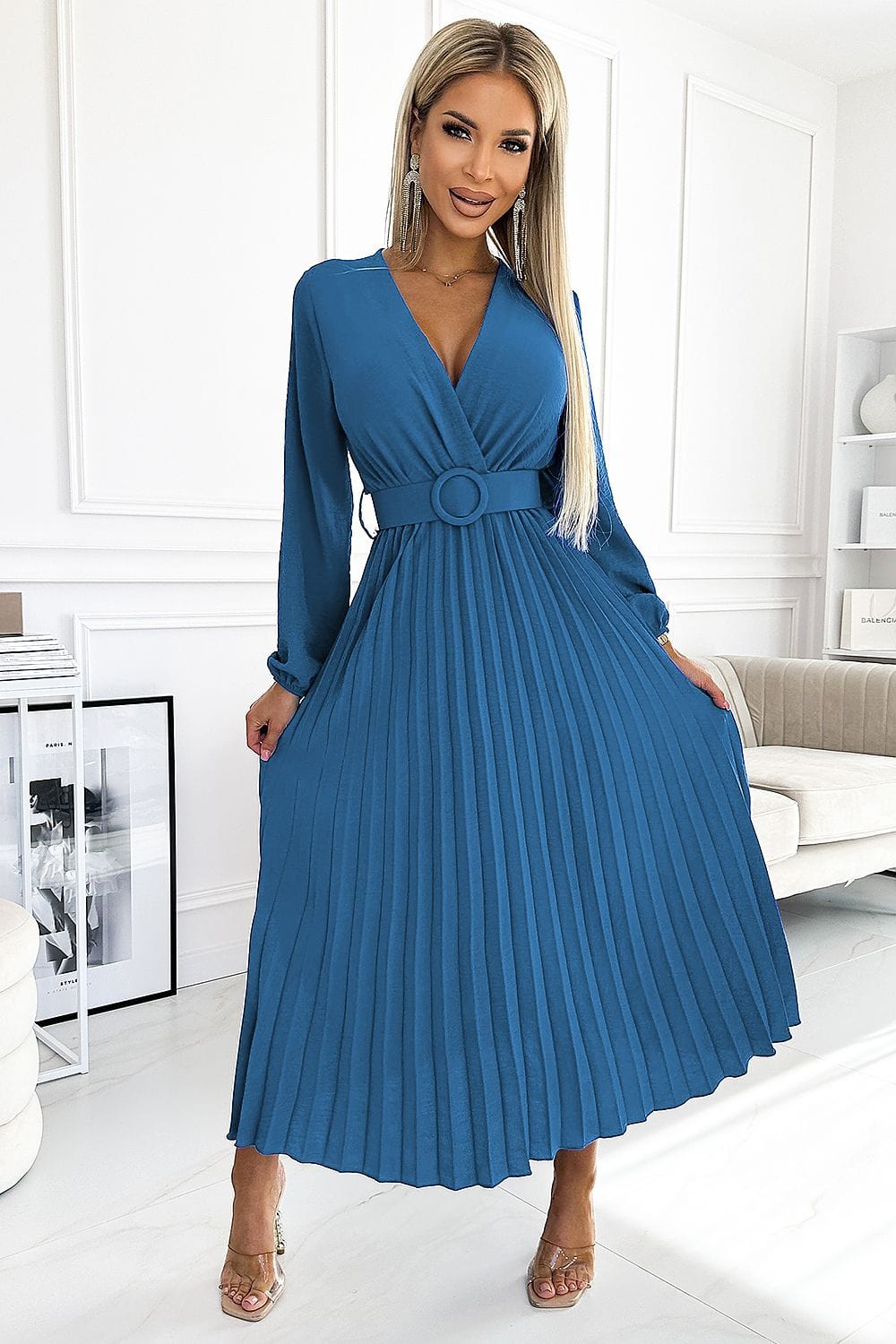 robe longue plissée fluide manches longues soirée chic bleu trapèze élégante pour invitée mariage