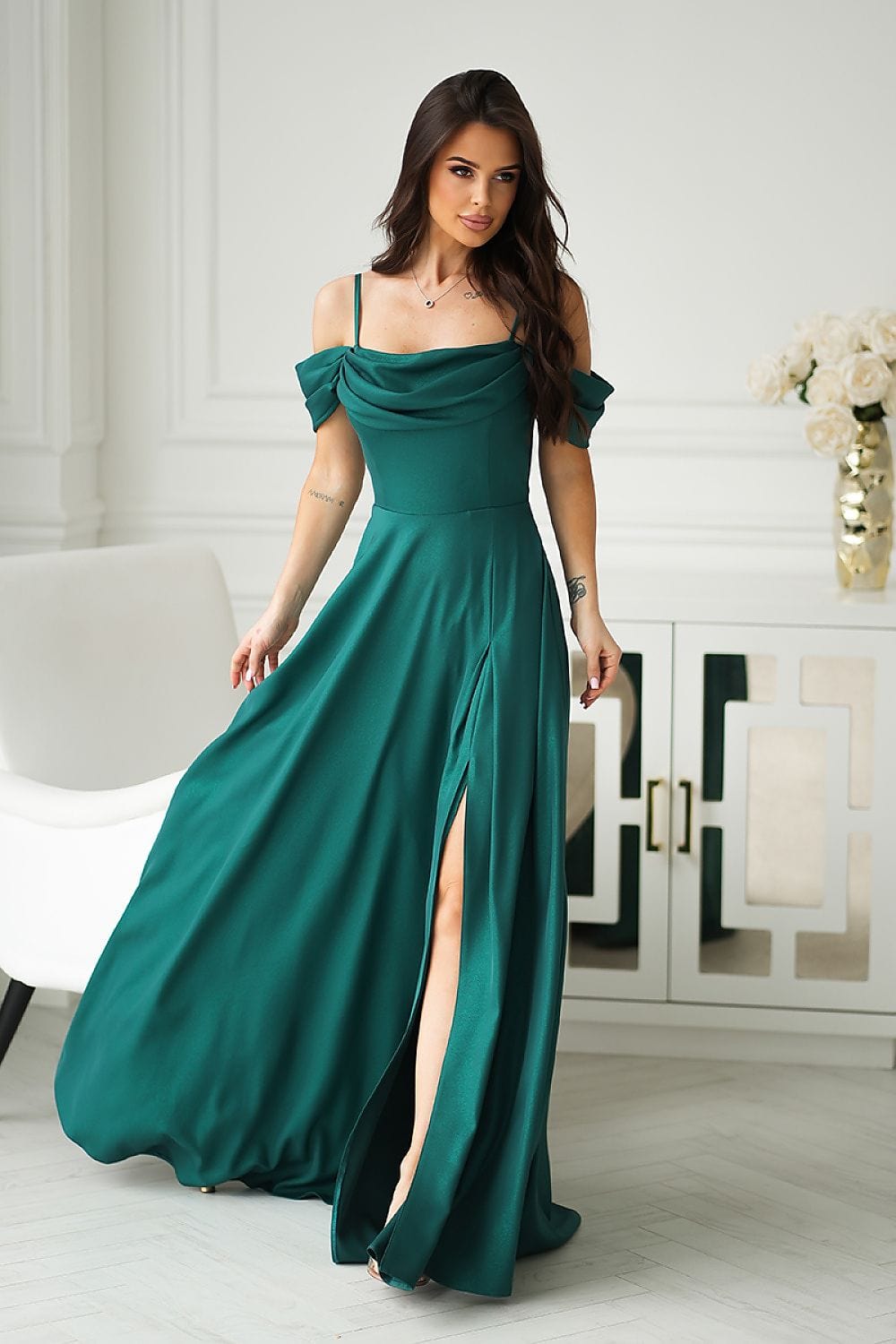 robe de soirée mariage longue verte fendue chic évasée fente élégante pour invitée femme