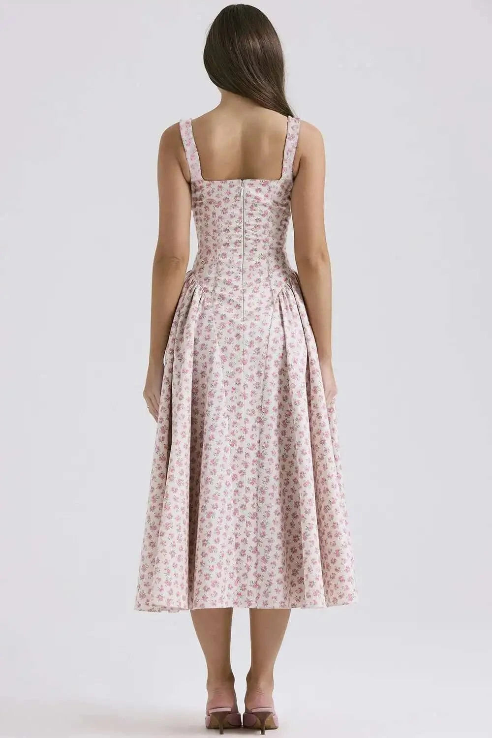 Robe midi évasée fleurie col carré
