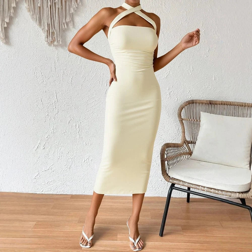 robe moulante jaune midi sans manches idéale pour soirée d'été chic ou cocktail tendance