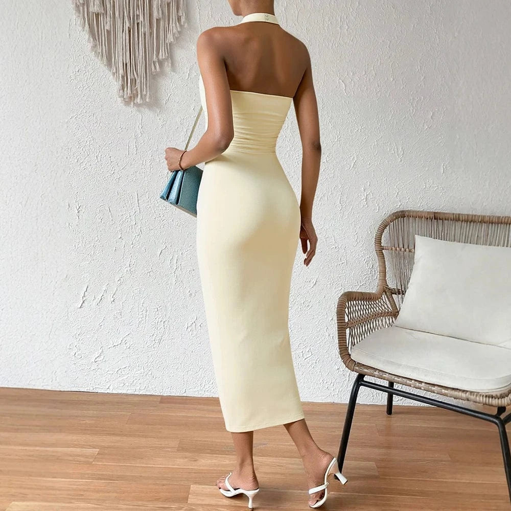 robe moulante jaune midi sans manches parfaite pour un look d'été chic et élégant