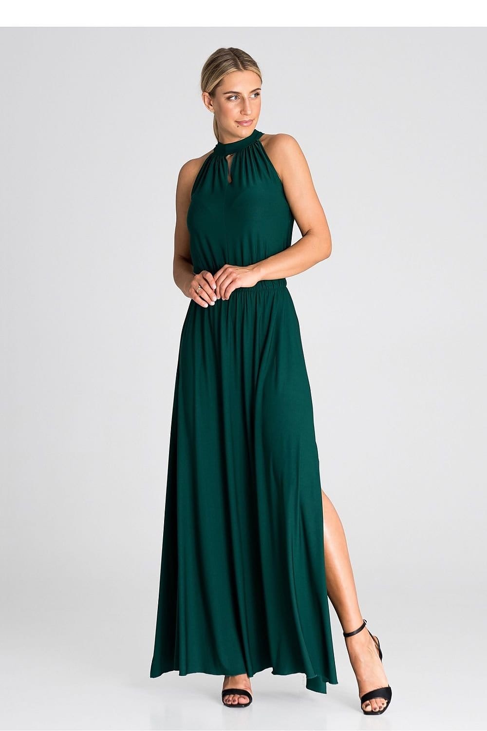 Robe soirée chic longue verte sans manches avec col montant pour femme élégante.