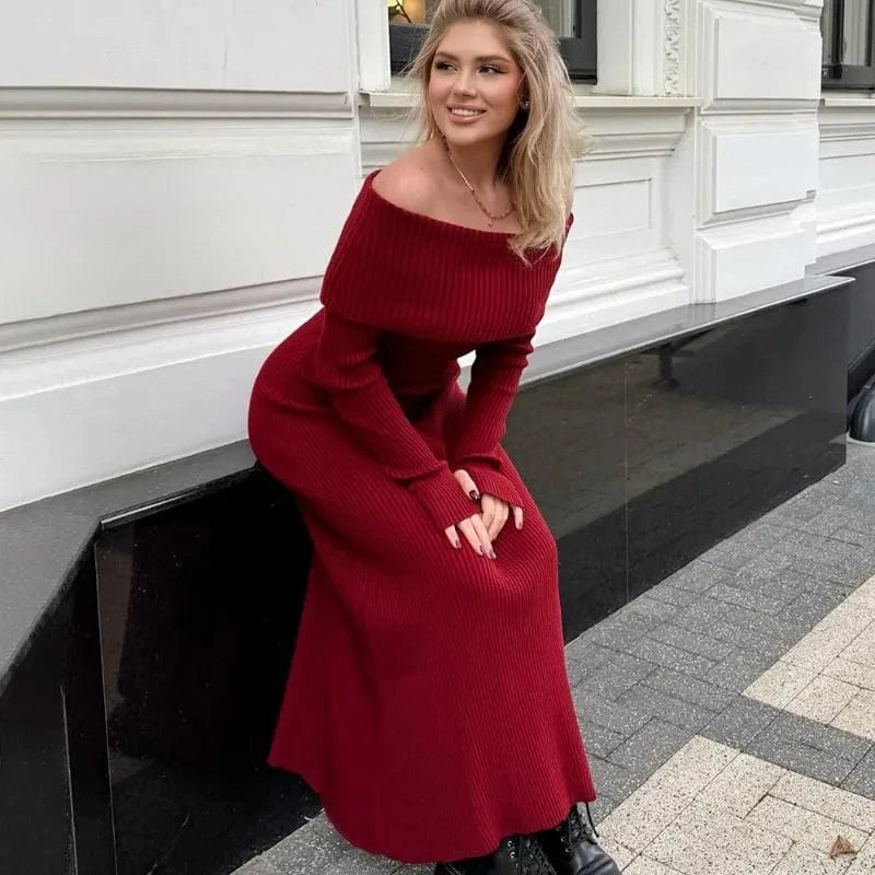 Robe pull longue rouge épaules dénudées