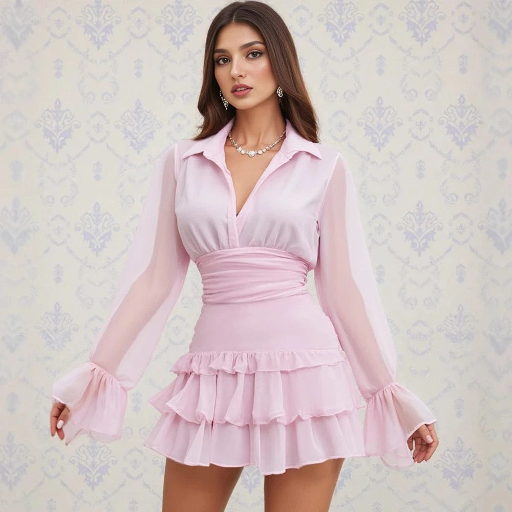 robe de cocktail courte rose manches longues transparentes style chic pour soirée d'été élégante