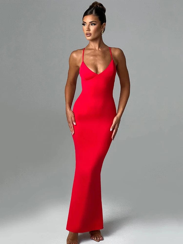 Robe rouge dos nu chic longue pour soirée, mariage, coupe moulante et évasée, sans manches pour femme moderne.