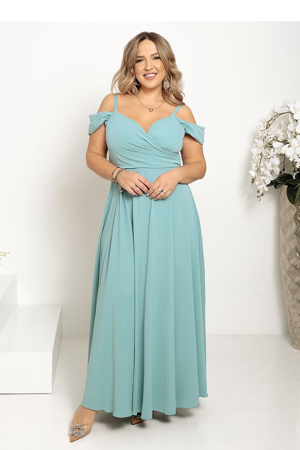 robe de soirée grande taille princesse longue moulante manches longues rose poudré élégante
