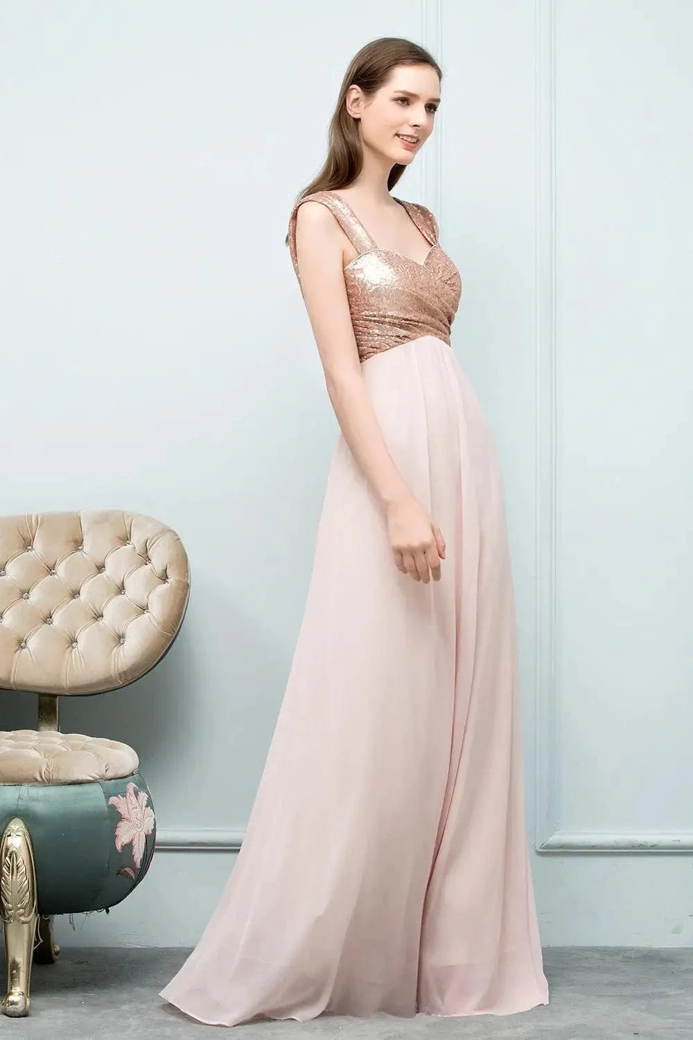 robe demoiselle d'honneur chic rose poudré et dorée longue princesse sans manches élégante
