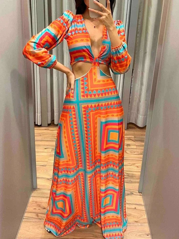 robe été longue fluide femme à motif géométrique chic et colorée pour un look plage bohème