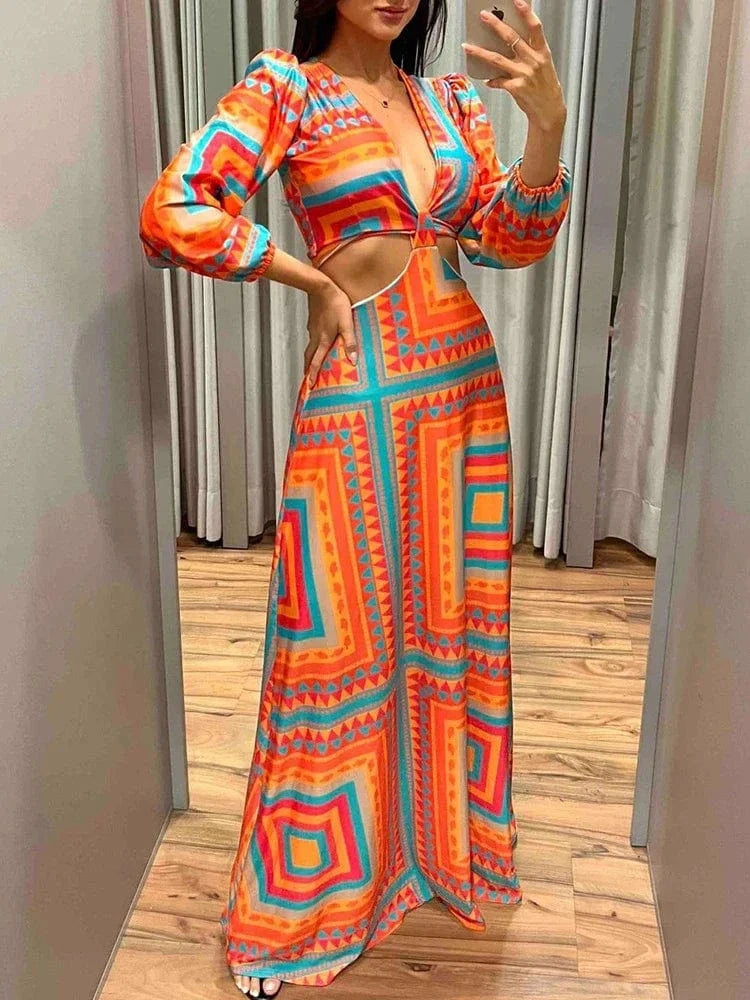 robe été longue trapèze fluide motif géométrique coloré pour mariage invité chic ou plage