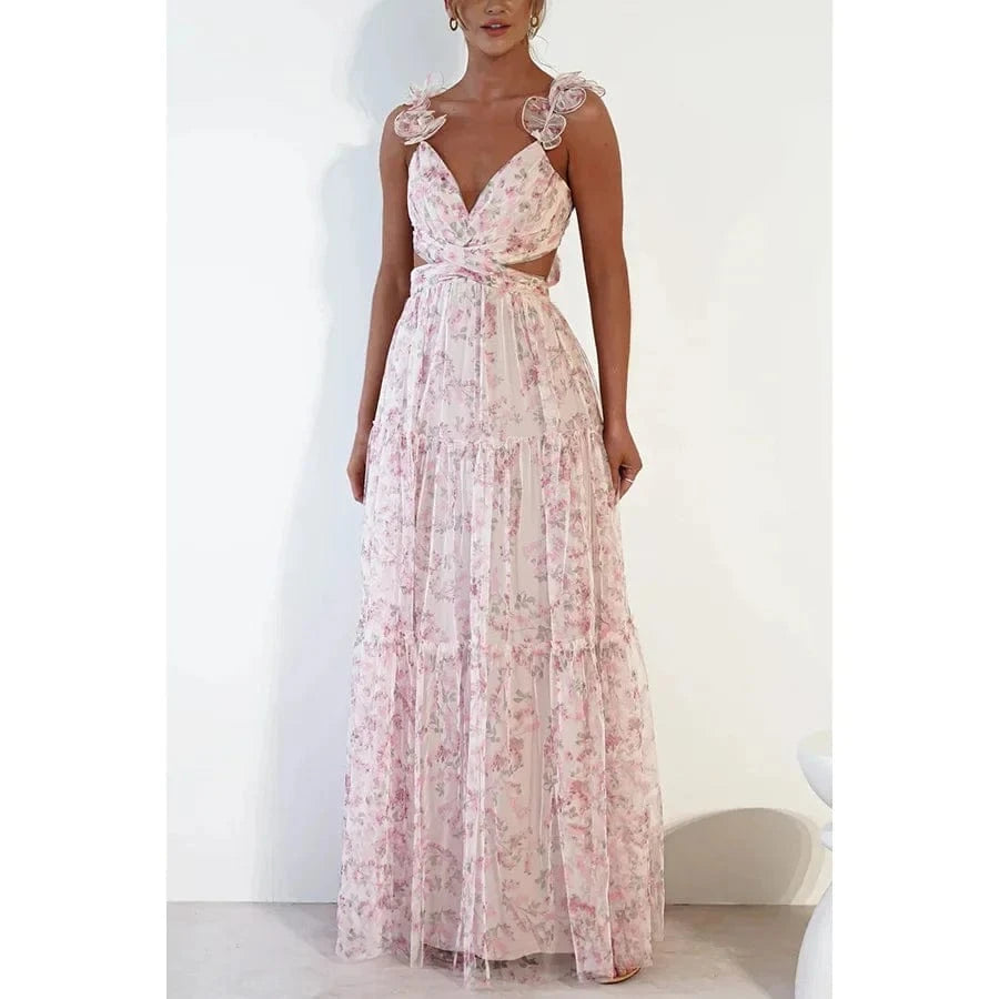 robe invitée mariage bohème fleurie longue trapèze sans manches été fluide chic élégante