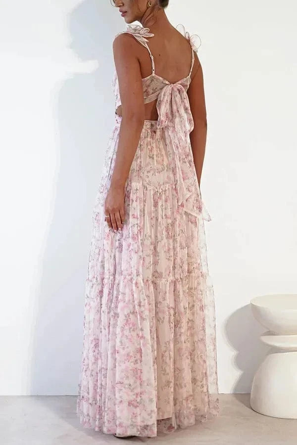 robe invitée mariage bohème fleurie longue trapèze manches courtes champagne estivale chic