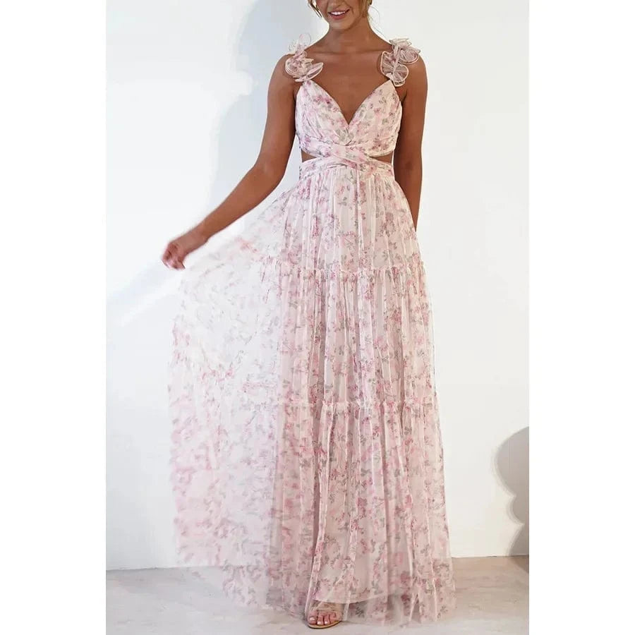 Robe bohème mariage invitée fleurie longue sans manches idéale pour un look estival élégant